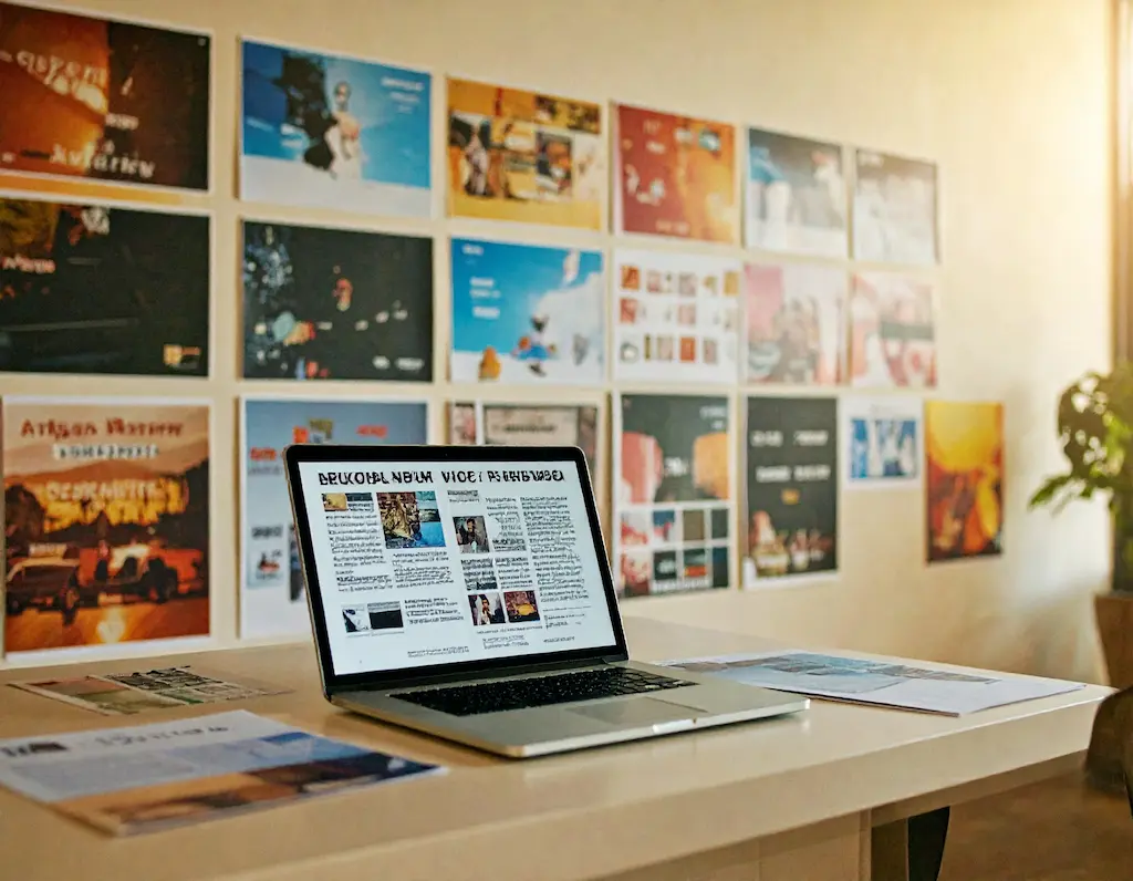 Laptop on desk displaying articles, with printed graphics and case study content pinned to the wall