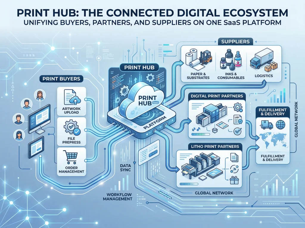 Diagram of the GDSPL PrintHub digital ecosystem showing connections between print buyers, litho and digital print partners, suppliers, and fulfilment through a central SaaS platform.