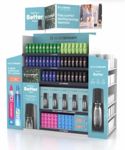 Endcap display with SodaStream CO2 cylinders, Pepsi syrup bottles, and Sparkling Water Makers