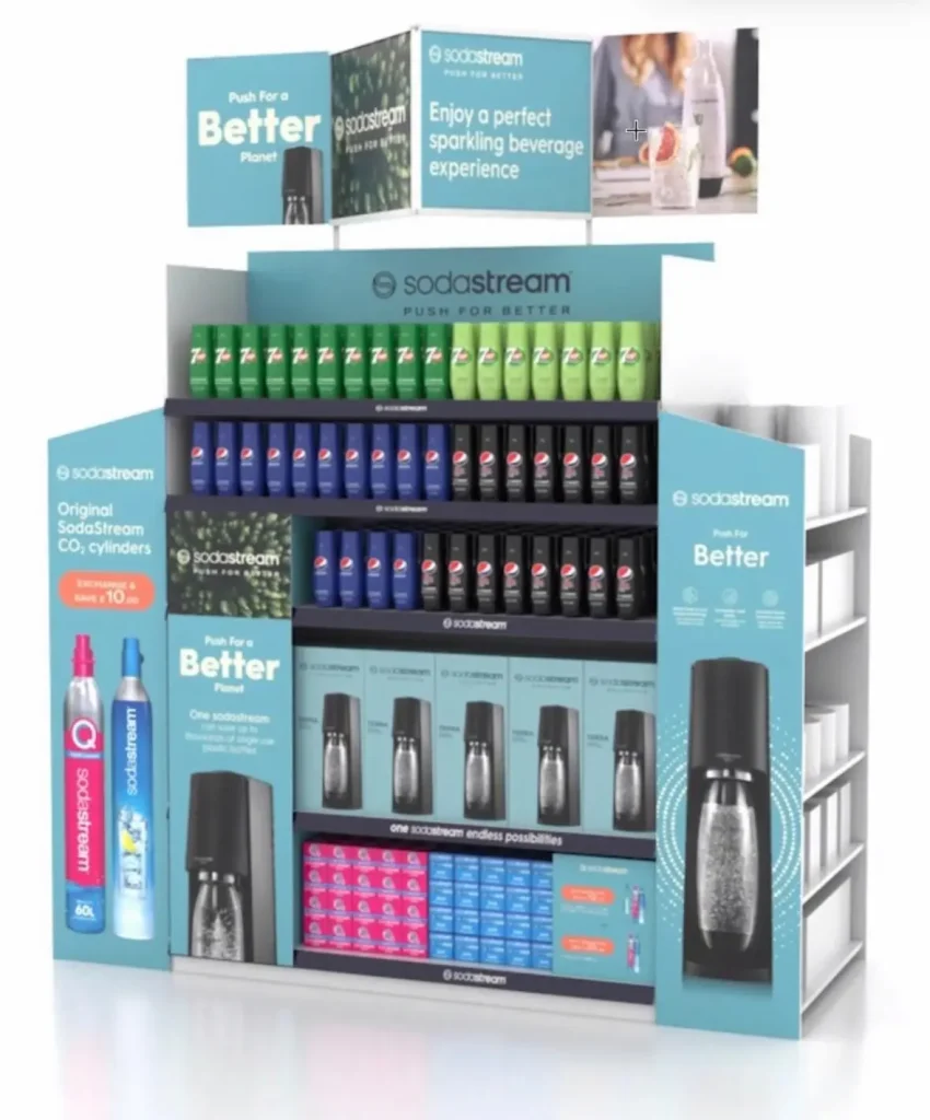 Endcap display with SodaStream CO2 cylinders, Pepsi syrup bottles, and Sparkling Water Makers